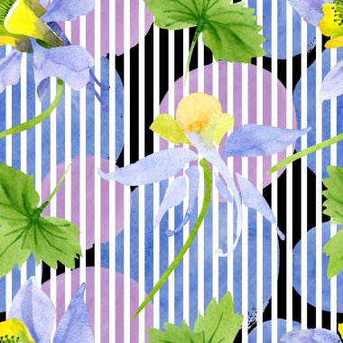 Mavi sarı brugmansia çiçek botanik çiçekler. Suluboya arka plan illüstrasyon seti. Kesintisiz arka plan deseni.