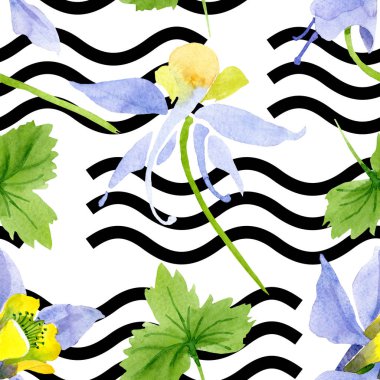 Mavi sarı brugmansia çiçek botanik çiçekler. Suluboya arka plan illüstrasyon seti. Kesintisiz arka plan deseni.