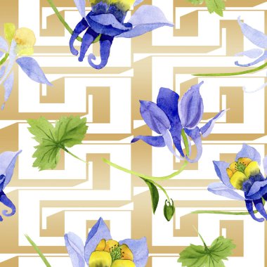 Mavi sarı brugmansia çiçek botanik çiçekler. Suluboya arka plan illüstrasyon seti. Kesintisiz arka plan deseni.