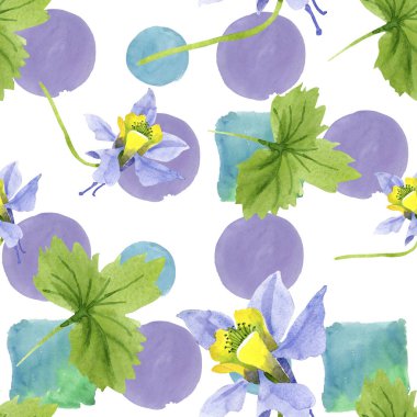 Mavi sarı brugmansia çiçek botanik çiçekler. Suluboya arka plan illüstrasyon seti. Kesintisiz arka plan deseni.