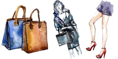 Moda kroki glamour çizimde bir suluboya stil izole öğesi. Suluboya arka plan ayarlamak.