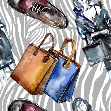 Moda kroki glamour çizimde bir suluboya stil izole öğesi. Sorunsuz arka plan deseni.