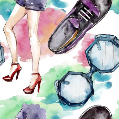 Moda kroki glamour çizimde bir suluboya stil izole öğesi. Sorunsuz arka plan deseni.