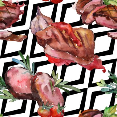 Izgara biftek lezzetli yemek. Suluboya arka plan illüstrasyon seti. Kesintisiz arka plan deseni.