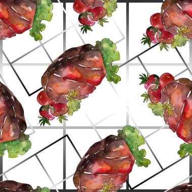 Izgara biftek lezzetli yemek. Suluboya arka plan illüstrasyon seti. Kesintisiz arka plan deseni.