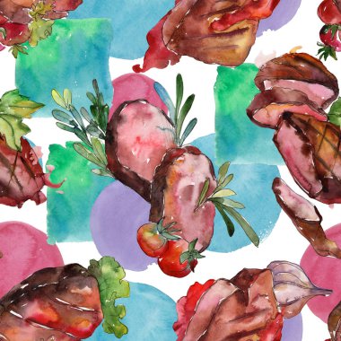 Izgara biftek lezzetli yemek. Suluboya arka plan illüstrasyon seti. Kesintisiz arka plan deseni.