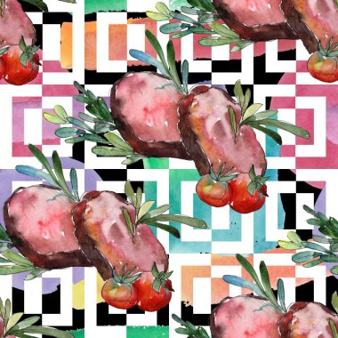 Izgara biftek lezzetli yemek. Suluboya arka plan illüstrasyon seti. Kesintisiz arka plan deseni.