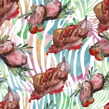 Izgara biftek lezzetli yemek. Suluboya arka plan illüstrasyon seti. Kesintisiz arka plan deseni.