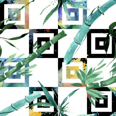 Bambu yeşil yaprakları ve sapları. Suluboya arka plan illüstrasyon seti. Kesintisiz arka plan deseni.