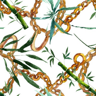 Bambu yeşil yaprakları ve sapları. Suluboya arka plan illüstrasyon seti. Kesintisiz arka plan deseni.