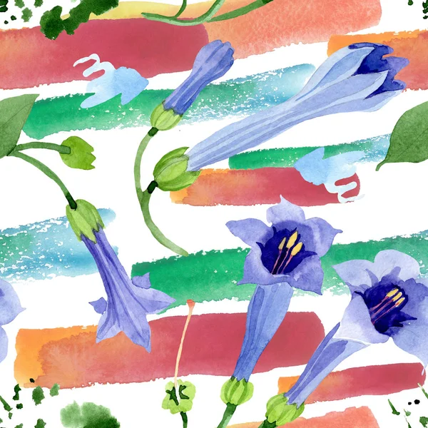 Blauwe Brugmansia bloemen botanische bloemen. Aquarel achtergrond illustratie instellen. Naadloos achtergrond patroon. — Stockfoto