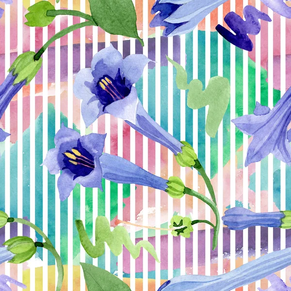 Niebieski Brugmansia kwiatowy kwiatów botanicznych. Akwarela zestaw ilustracji tła. Płynny wzór tła. — Zdjęcie stockowe