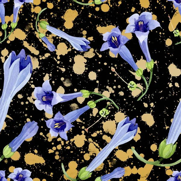 Mavi brugmansia çiçek botanik çiçekleri. Suluboya arka plan illüstrasyon seti. Kesintisiz arka plan deseni.