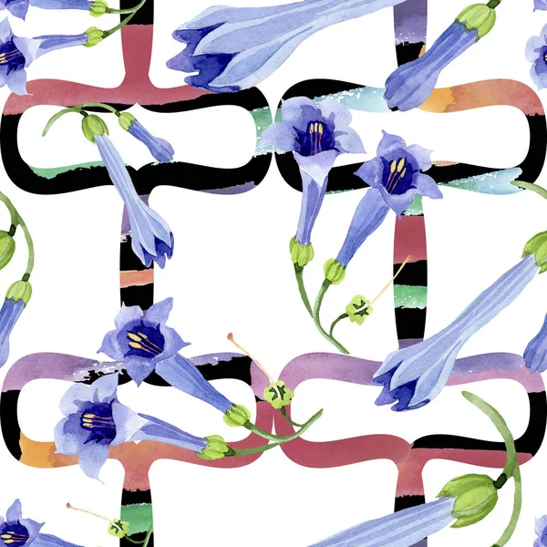 Mavi brugmansia çiçek botanik çiçekleri. Suluboya arka plan illüstrasyon seti. Kesintisiz arka plan deseni.