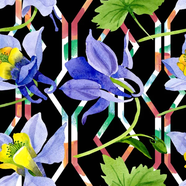 Mavi sarı brugmansia çiçek botanik çiçekler. Suluboya arka plan illüstrasyon seti. Kesintisiz arka plan deseni.