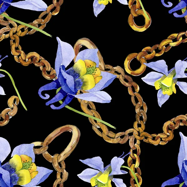 Blauw geel Brugmansia Floral botanische bloemen. Aquarel achtergrond illustratie instellen. Naadloos achtergrond patroon. — Stockfoto