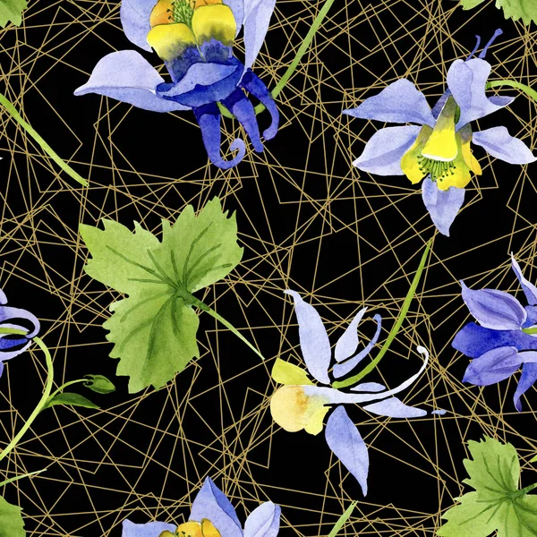 Mavi sarı brugmansia çiçek botanik çiçekler. Suluboya arka plan illüstrasyon seti. Kesintisiz arka plan deseni.