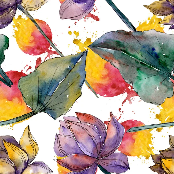 Flores botánicas florales de loto. Conjunto de ilustración de fondo acuarela. Patrón de fondo sin costuras . —  Fotos de Stock
