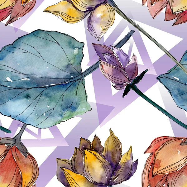 Lotus kwiatowy kwiatów botanicznych. Akwarela zestaw ilustracji tła. Płynny wzór tła. — Zdjęcie stockowe
