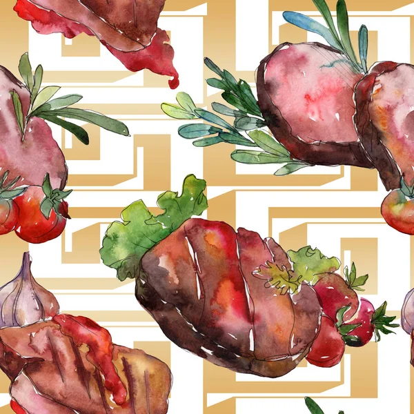 Grilled steak tasty food. Watercolor background illustration set. Seamless background pattern. — Stock Photo, Image