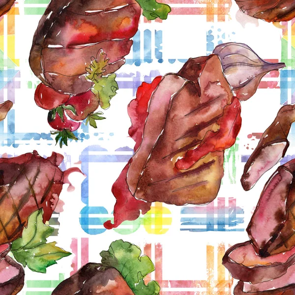 Grilled steak tasty food. Watercolor background illustration set. Seamless background pattern. — Stock Photo, Image