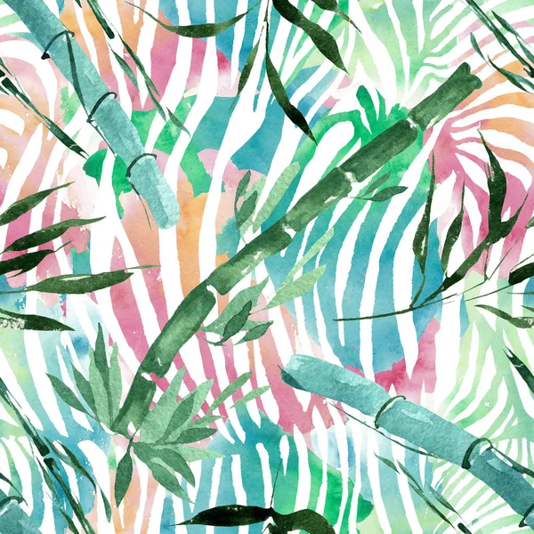 Bambu yeşil yaprakları ve sapları. Suluboya arka plan illüstrasyon seti. Kesintisiz arka plan deseni. — Stok fotoğraf