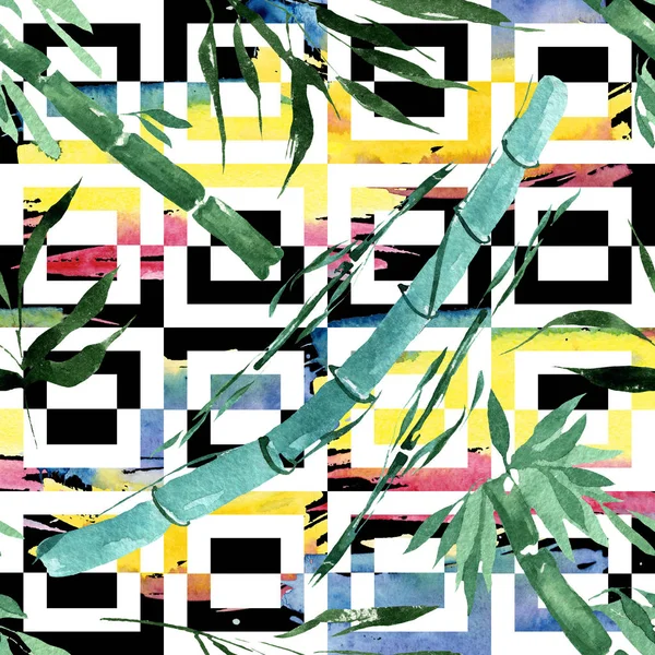 Bamboe groene bladeren en stengels. Aquarel achtergrond illustratie instellen. Naadloos achtergrond patroon. — Stockfoto