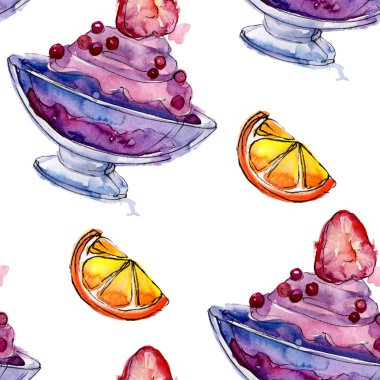 Sulu Boya stilinde lezzetli dondurma. Aquarelle şekerli tatlı şekilde ayarlayın. Sorunsuz arka plan deseni.