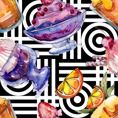 Sulu Boya stilinde lezzetli dondurma. Aquarelle şekerli tatlı şekilde ayarlayın. Sorunsuz arka plan deseni.