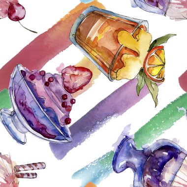 Sulu Boya stilinde lezzetli dondurma. Aquarelle şekerli tatlı şekilde ayarlayın. Sorunsuz arka plan deseni.