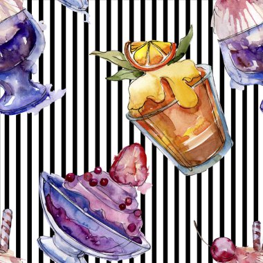 Sulu Boya stilinde lezzetli dondurma. Aquarelle şekerli tatlı şekilde ayarlayın. Sorunsuz arka plan deseni.