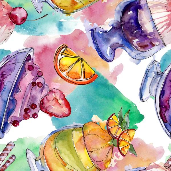 Leckeres Eis im Aquarell-Stil. Aquarell süßes Dessertillustrationsset. nahtloses Hintergrundmuster. — Stockfoto