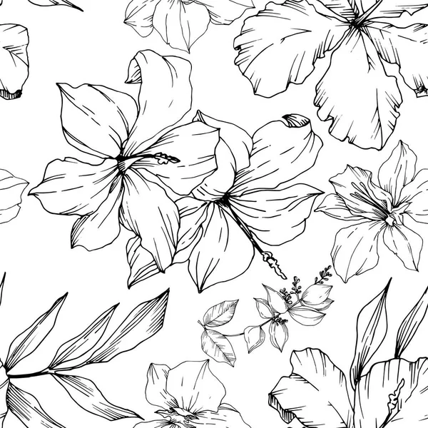 Vektorový tropický květ a listí izolované. Černé a bílé ryté inkoustem. Bezespání vzorek pozadí. — Stockový vektor