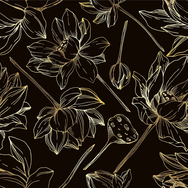 Vector Lotus flores botânicas florais. Tinta gravada a preto e branco. Padrão de fundo sem costura . —  Vetores de Stock