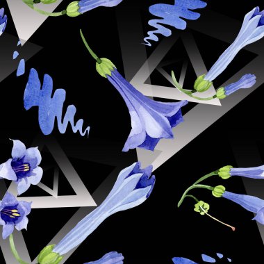 Mavi brugmansia çiçek botanik çiçekleri. Suluboya arka plan illüstrasyon seti. Kesintisiz arka plan deseni.