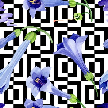 Mavi brugmansia çiçek botanik çiçekleri. Suluboya arka plan illüstrasyon seti. Kesintisiz arka plan deseni.