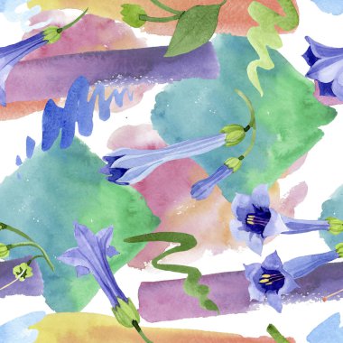 Mavi brugmansia çiçek botanik çiçekleri. Suluboya arka plan illüstrasyon seti. Kesintisiz arka plan deseni.