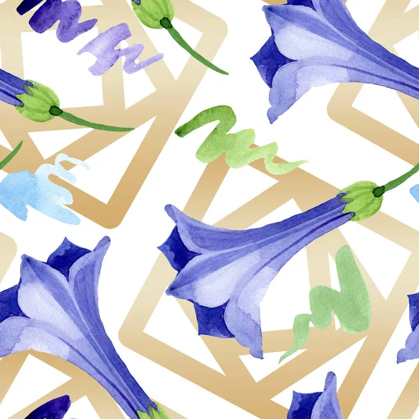 Brugmansia azul flores botánicas florales. Conjunto de ilustración de fondo acuarela. Patrón de fondo sin costuras . — Foto de Stock