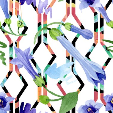 Mavi brugmansia çiçek botanik çiçekleri. Suluboya arka plan illüstrasyon seti. Kesintisiz arka plan deseni.