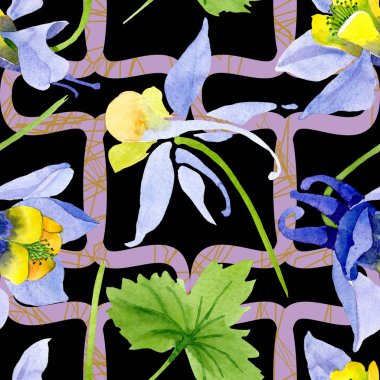 Mavi sarı brugmansia çiçek botanik çiçekler. Suluboya arka plan illüstrasyon seti. Kesintisiz arka plan deseni.