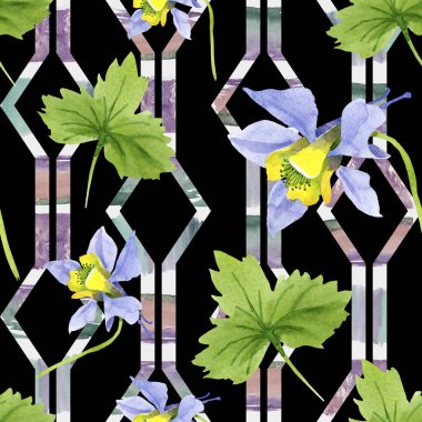 Mavi sarı brugmansia çiçek botanik çiçekler. Suluboya arka plan illüstrasyon seti. Kesintisiz arka plan deseni.