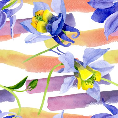 Mavi sarı brugmansia çiçek botanik çiçekler. Suluboya arka plan illüstrasyon seti. Kesintisiz arka plan deseni.