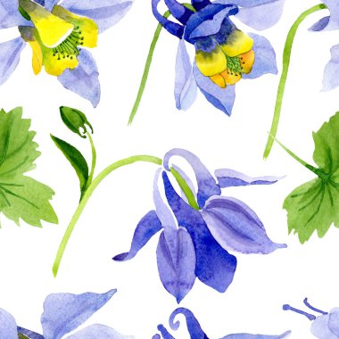 Mavi sarı brugmansia çiçek botanik çiçekler. Suluboya arka plan illüstrasyon seti. Kesintisiz arka plan deseni.