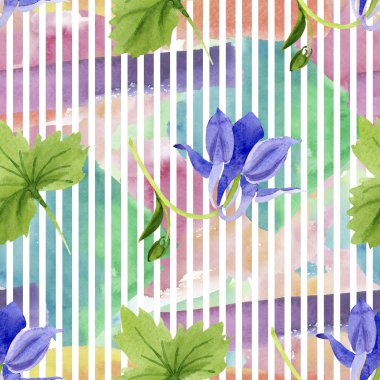 Mavi sarı brugmansia çiçek botanik çiçekler. Suluboya arka plan illüstrasyon seti. Kesintisiz arka plan deseni.