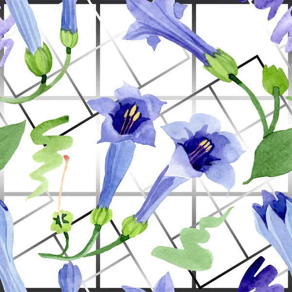 Mavi brugmansia çiçek botanik çiçekleri. Suluboya arka plan illüstrasyon seti. Kesintisiz arka plan deseni.