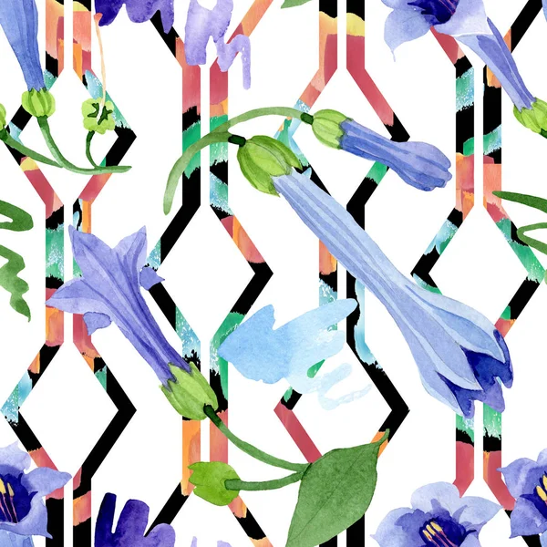 Mavi brugmansia çiçek botanik çiçekleri. Suluboya arka plan illüstrasyon seti. Kesintisiz arka plan deseni.