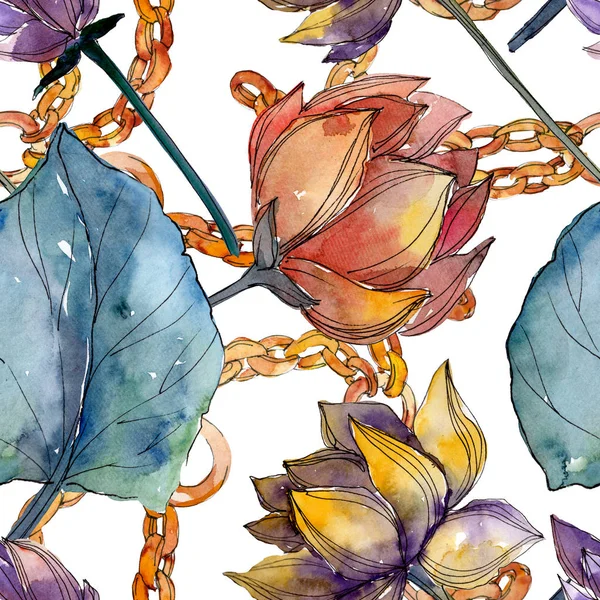 Lotus çiçek botanik çiçekler. Suluboya arka plan illüstrasyon seti. Kesintisiz arka plan deseni.