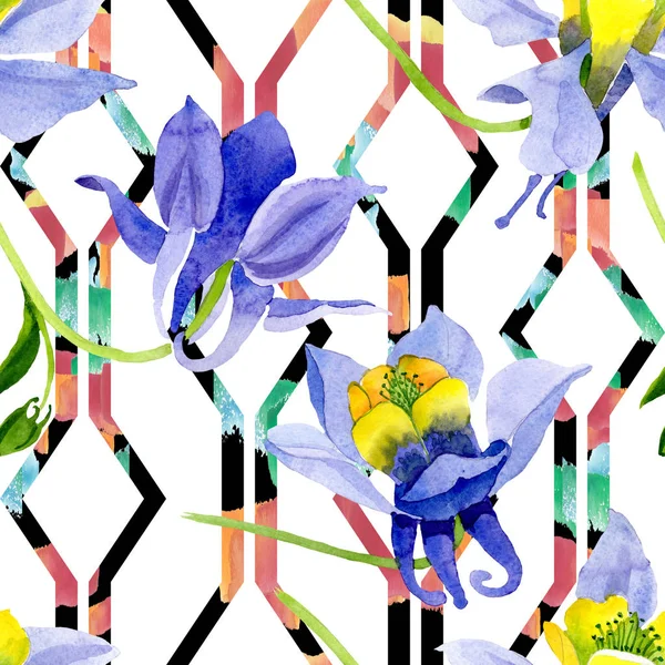 Mavi sarı brugmansia çiçek botanik çiçekler. Suluboya arka plan illüstrasyon seti. Kesintisiz arka plan deseni.