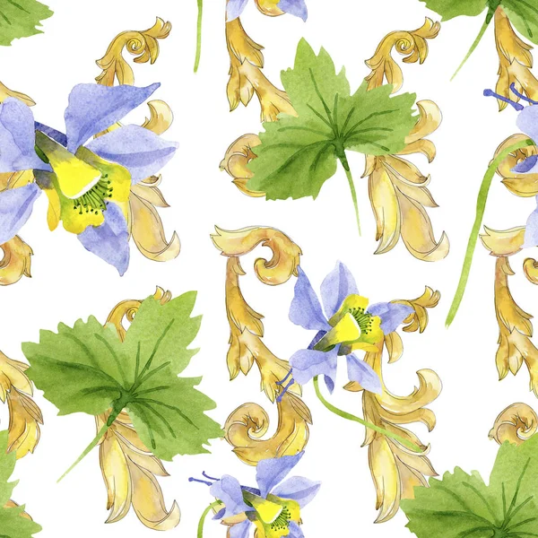 Fleurs botaniques florales jaunes bleues brugmansia. Ensemble d'illustration de fond aquarelle. Modèle de fond sans couture . — Photo