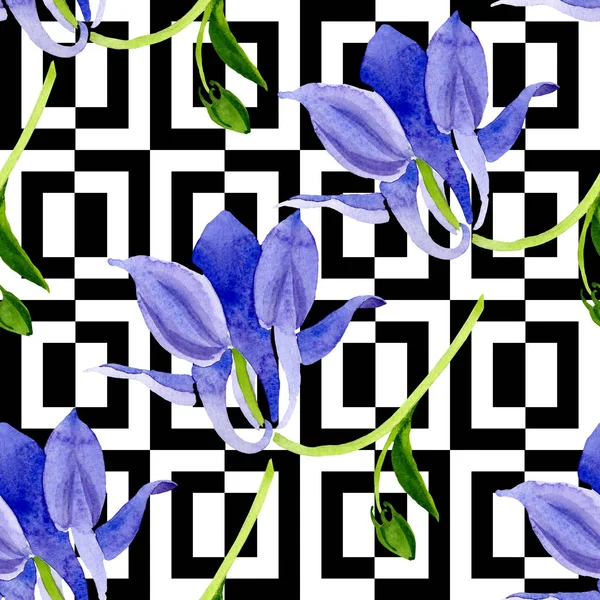 Mavi sarı brugmansia çiçek botanik çiçekler. Suluboya arka plan illüstrasyon seti. Kesintisiz arka plan deseni.